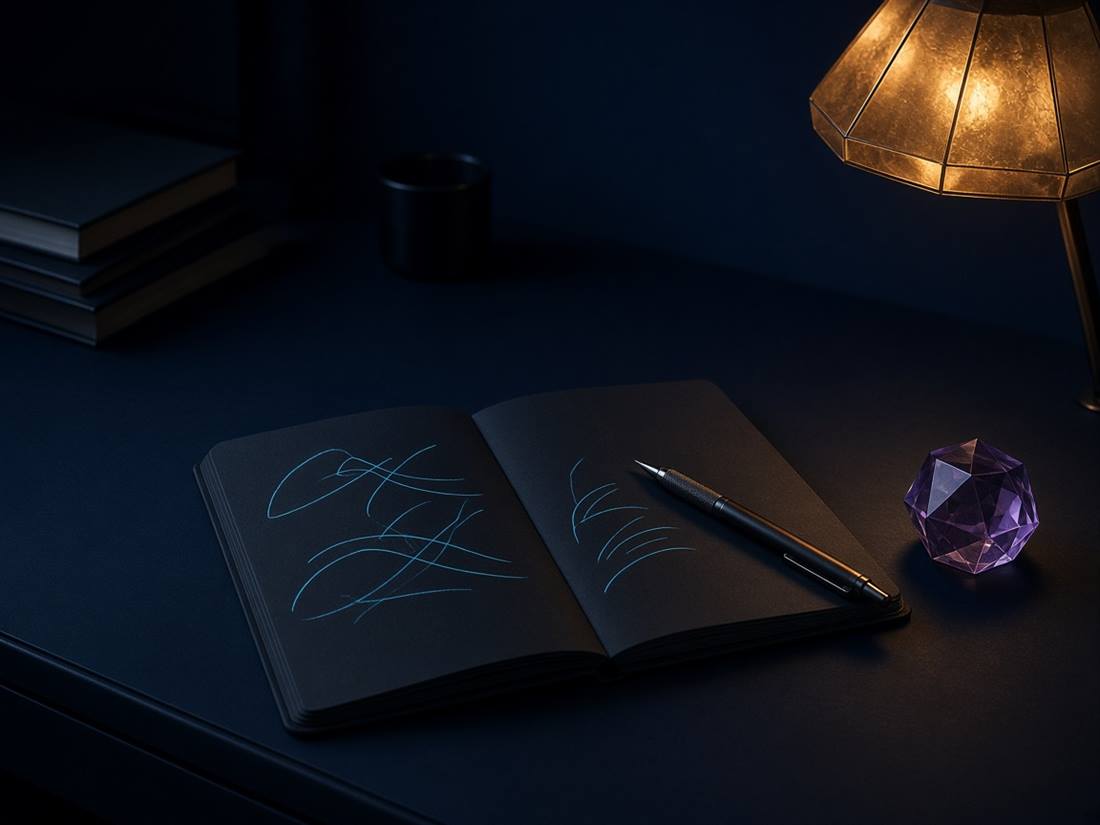 Nyitott sötét notesz, toll és egy lila poliéder egy éjjeli íróasztalon